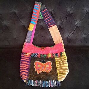 Boutique Hippie Hobo Butterfly Purse Crossbody Shoulder Bag Distressed Fringed